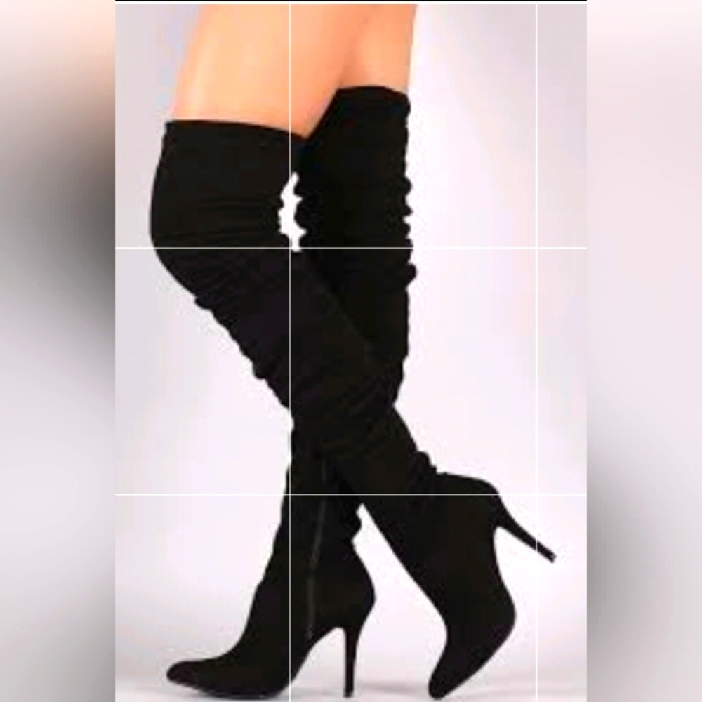 Anne Michelle | Hibiscus Faux Suede Thigh high black Stiletto boots 5.5